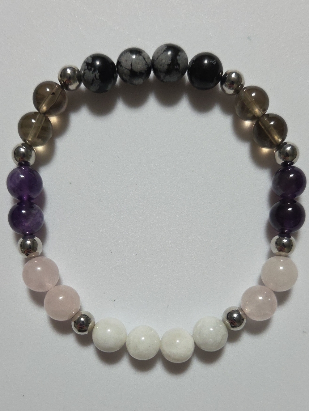 Handmade Snowflake Obsidian Amethyst Moonstone Gemstone Stretch Bracelet 7.5"